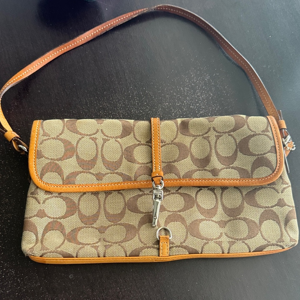 Coach Tan and Brown Signature Shoulder Bag Vintage Coach 10x5